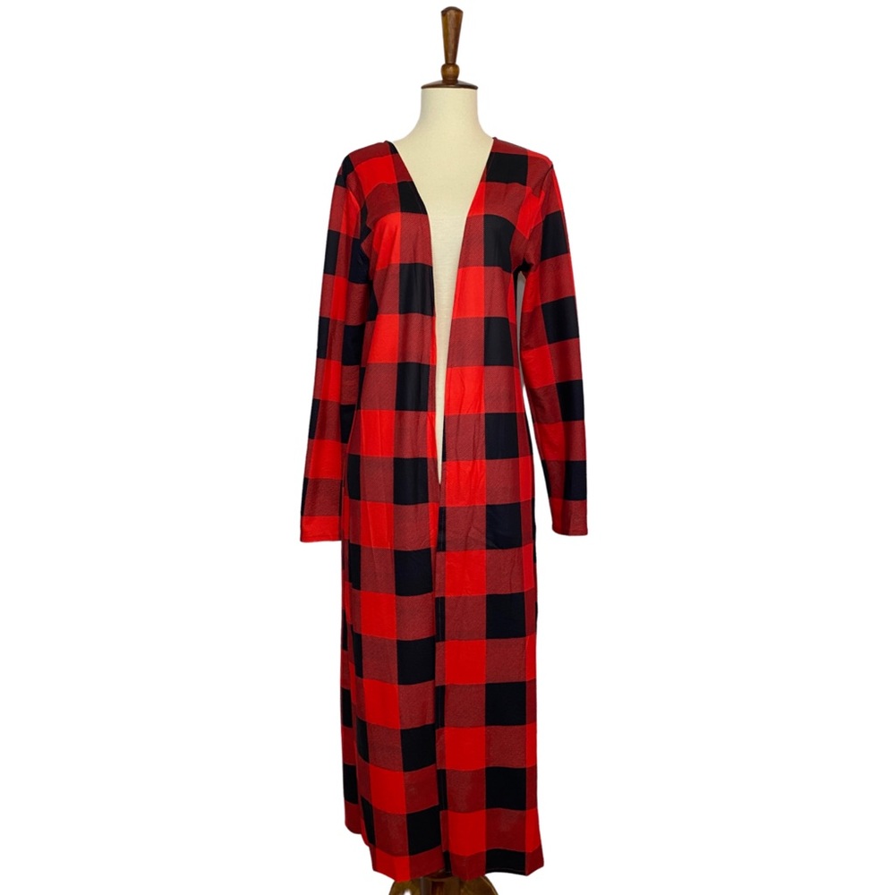 Red & Black Buffalo Plaid Long Sleeve Duster Cardigan - Picture 8 of 16
